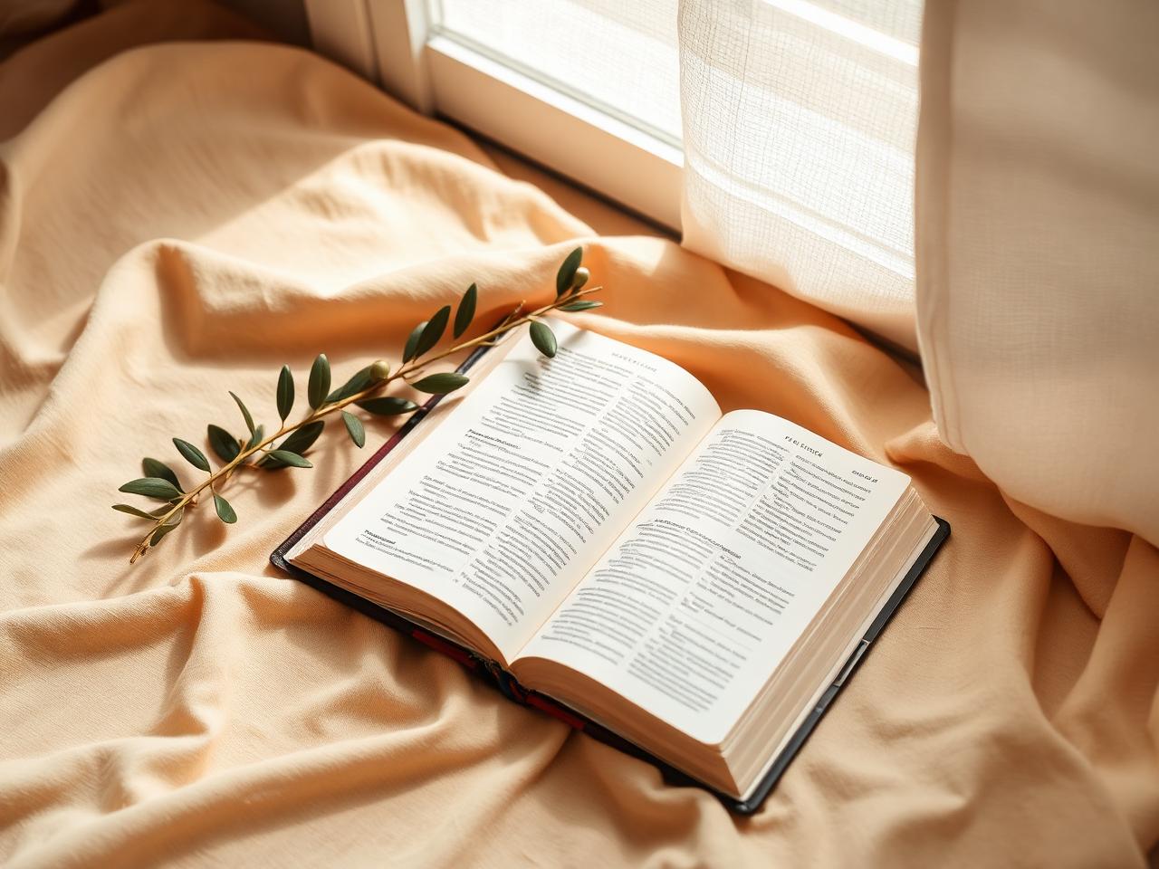 Biblia abierta junto a una rama de olivo